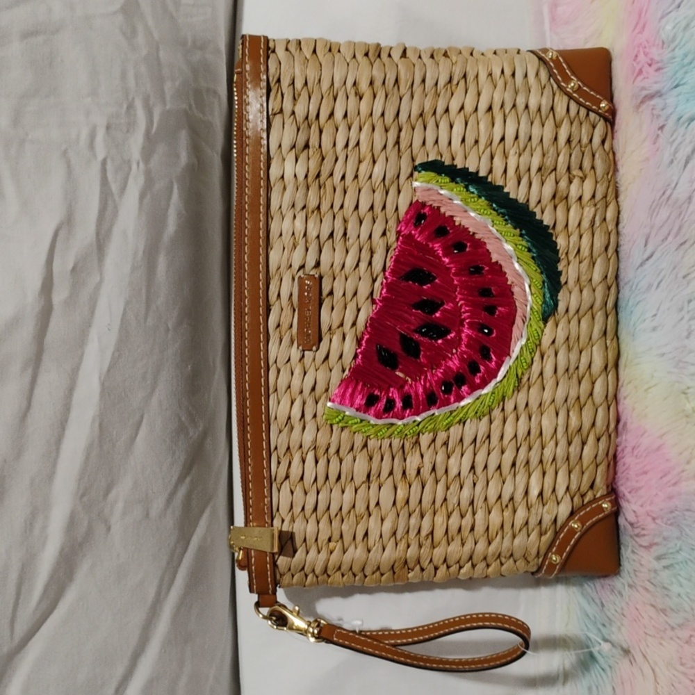 (#4 SHELF) NWOT Michael Kors Malibu Straw Watermelon XL Zip Clutch